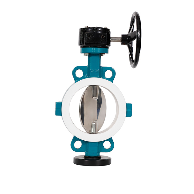 Válvula de mariposa tipo wafer con revestimiento completo de PTFE Cuerpo de dos piezas, cuerpo de hierro dúctil, disco de acero inoxidable Asiento de PTFE, alto rendimiento