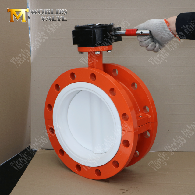 Válvula de mariposa de PTFE con bridas de dos piezas DN600 con cuerpo WCB y accionamiento por engranaje